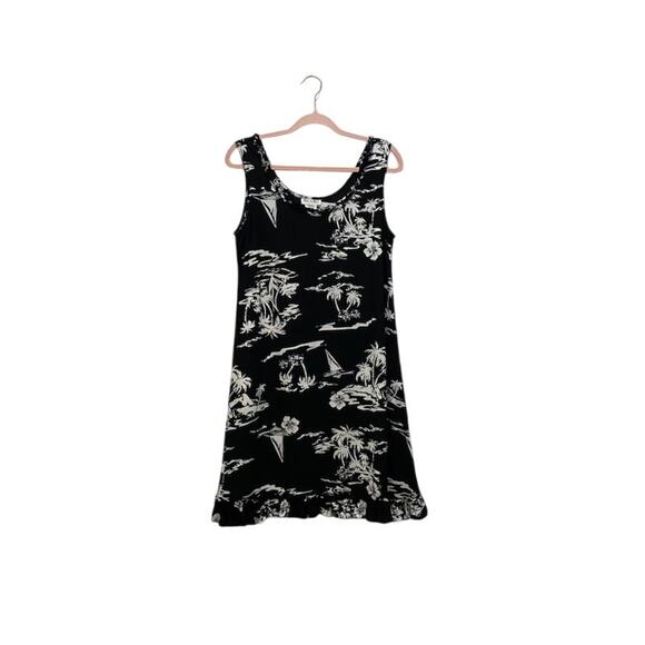 VTG PARADISO Womens M Black White Hawaiian Tropical Flowy Rayon Dress Summer - Picture 1 of 5